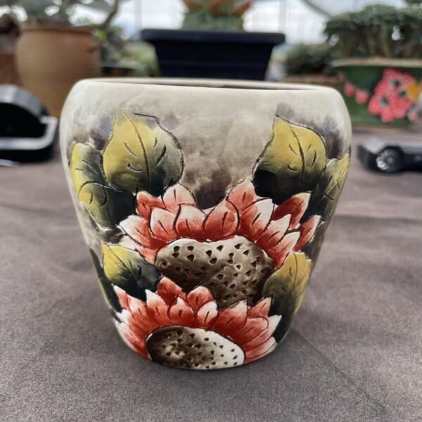 001. Purple pottery hand-painted flower pot–Sunflower
